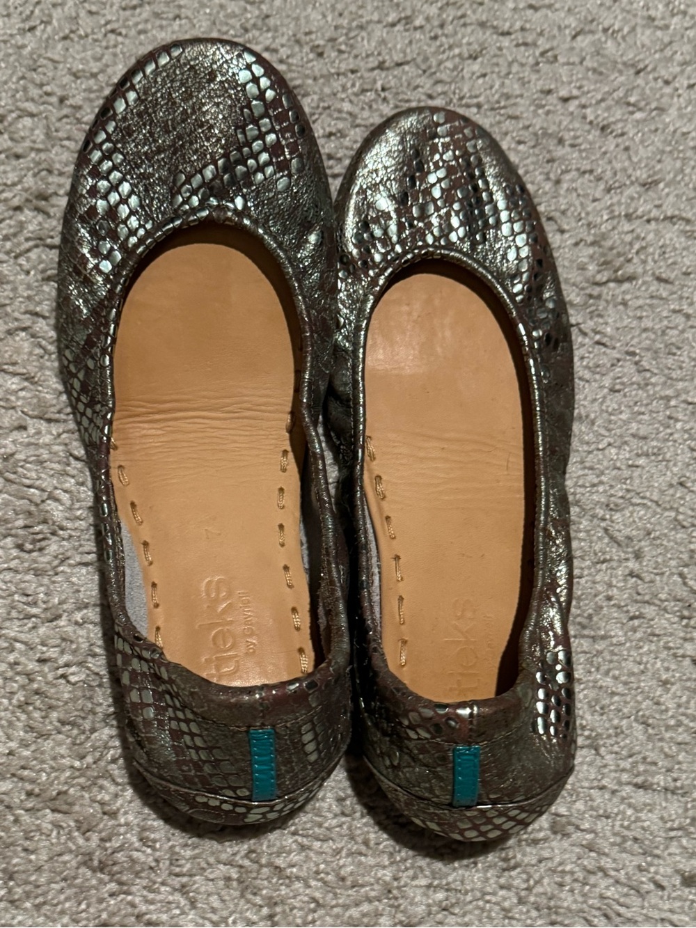 Tieks Blush Metallic Snakeskin Ballet Flats Turquoise Sole Women’s Size 7